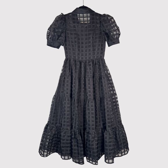English Factory Dress Black Gridded Organza Tiered Maxi Puff Sleeve Fit Flare XS - Picture 2 of 11